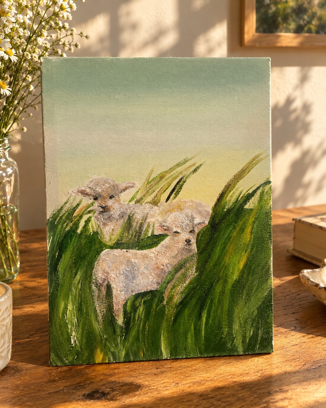 Little Lambs In The Meadow Original Art On Canvas — by Kristina — Painting