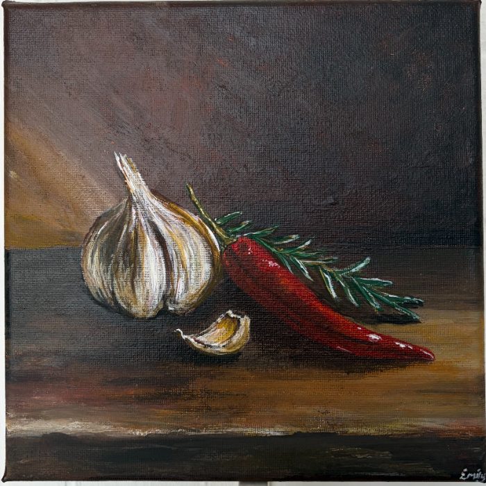 Rustic Garlic and Pepper — by Emily Johnson — Painting