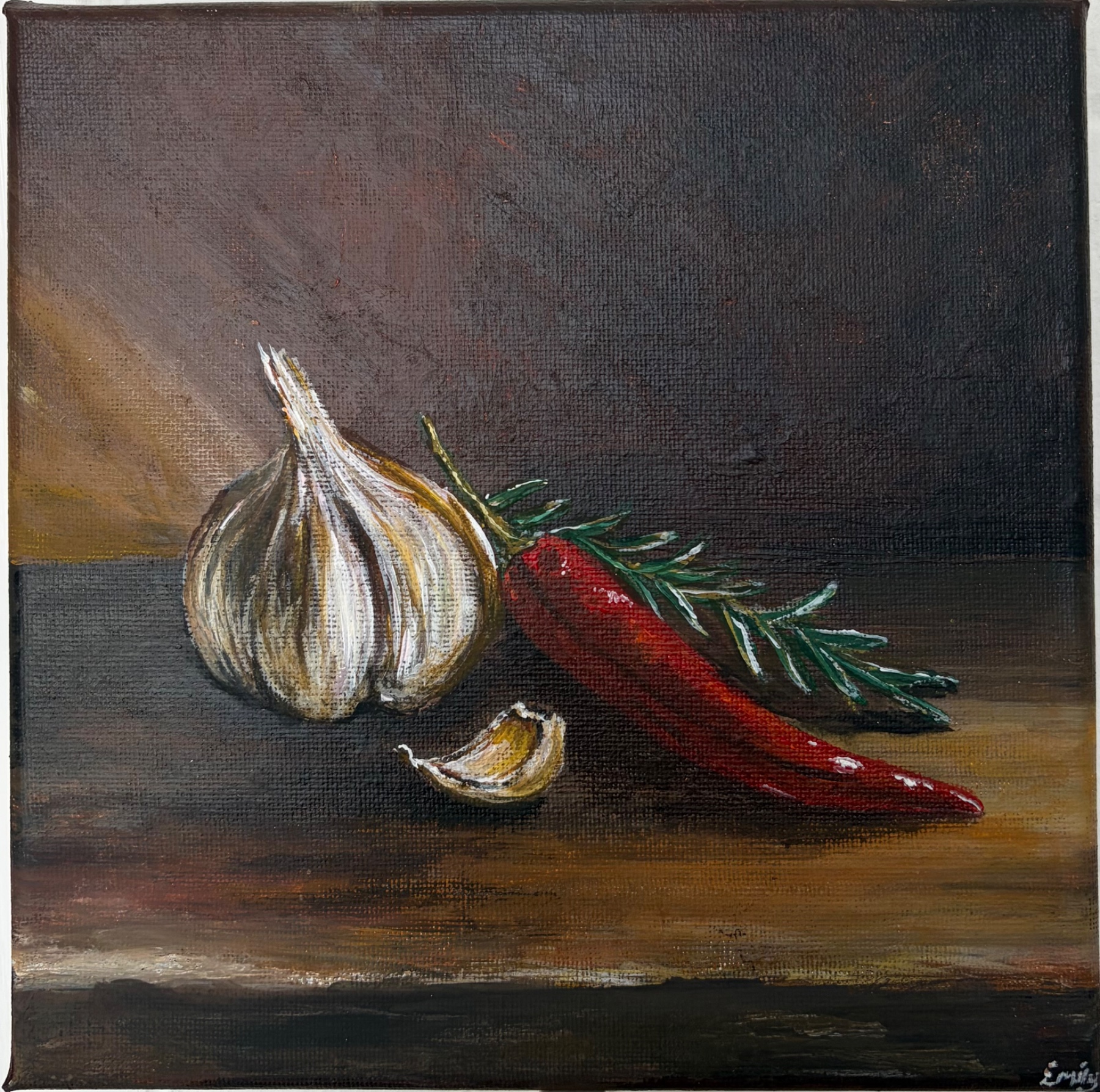 Rustic Garlic and Pepper — by Emily Johnson — Painting