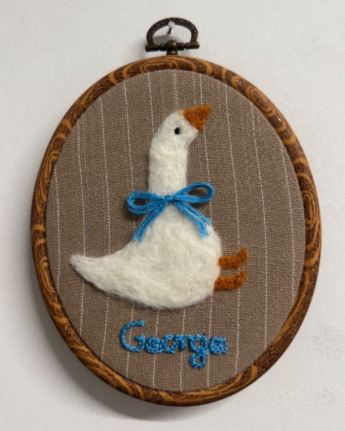 Needle felted ‘personalised’ goose in vintage style embroidery hoop — by Jasmin Clark — Textile