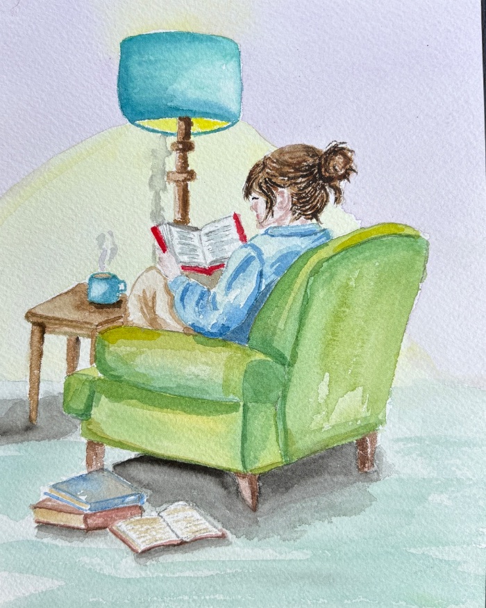 Original Watercolour Painting – Cosy Reading Art – Book Lover Gift – Mounted – 10 x 8” — by Joanne Cooke — Painting