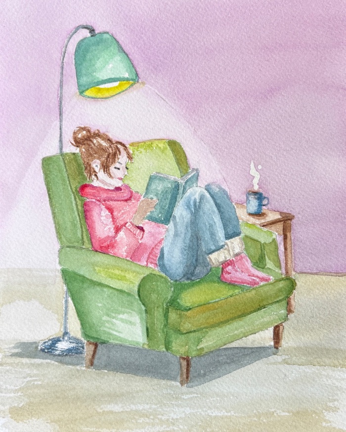 Original Watercolour Painting – Cosy Reading Scene – Book Lover Wall Art – 10 x 8” — by Joanne Cooke — Painting